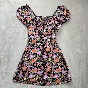 Rewind Women’s Small Pink Black Mini Dress Baby Doll Floral Puff  Sleeves